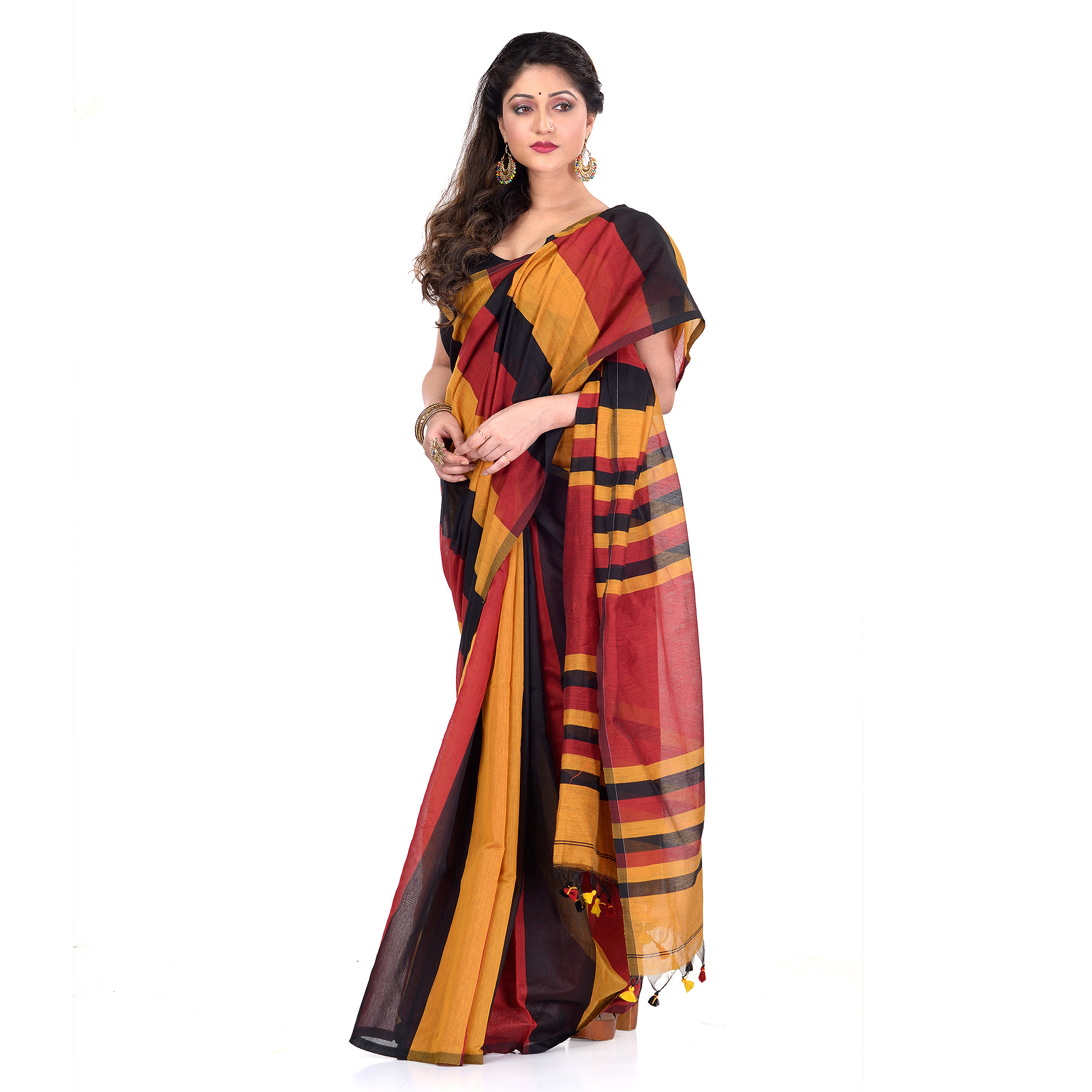 DESH BIDESH Women`s Bengal Khadi Ghicha Handloom Cotton Silk Saree With Blouse Piece (Black Yellow Red)